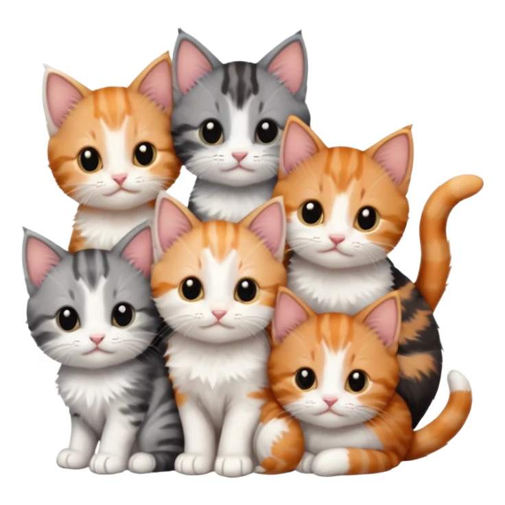 6 tiny kittens cuddling together all different colours, the first one is grey and white, the second is ginger and white and the third is brown tabby and white sticker