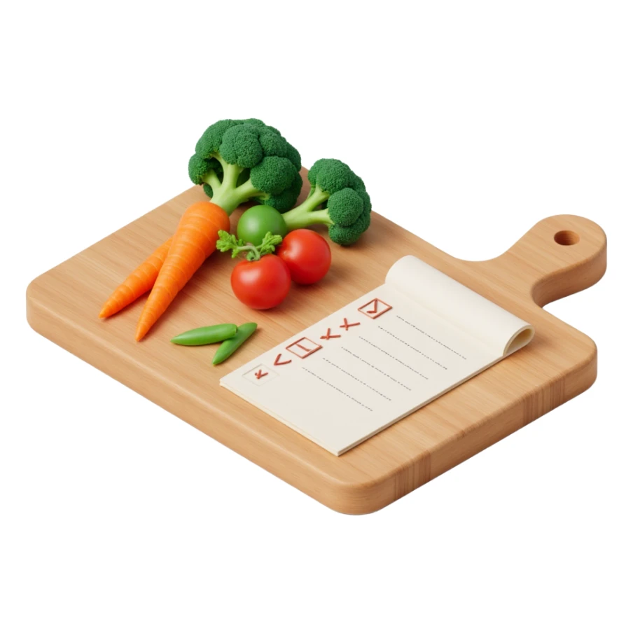 3D isometric illustration of a wooden cutting board with fresh vegetables (carrot, broccoli, tomato, peas), a paper grocery list with checkboxes, soft lighting, realistic textures, floating shadows, minimalistic style, dark background, modern food planning app aesthetic sticker
