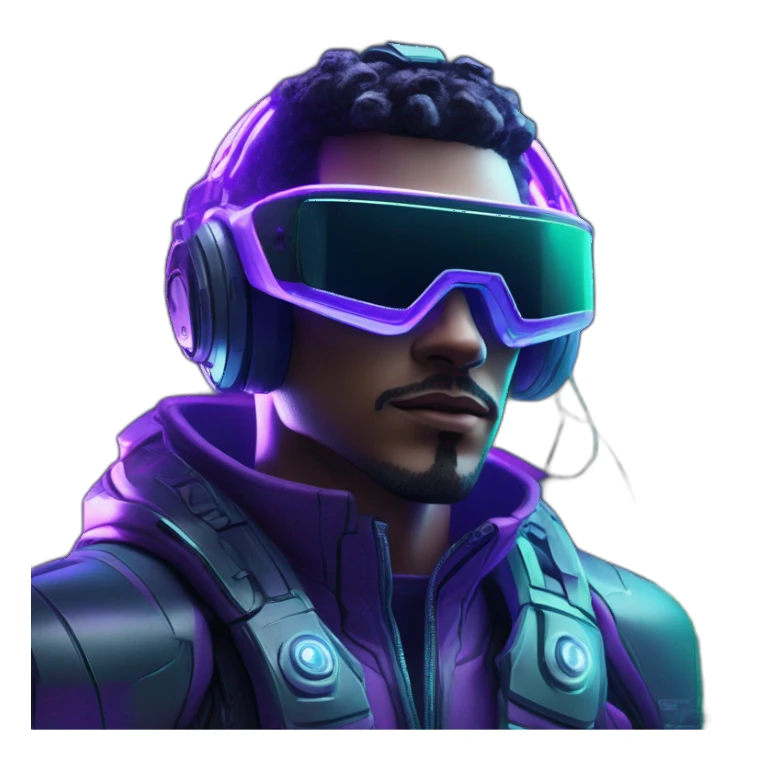 A hiperrealistc cyberwear futuristic metaverse Man playing with holograms cyberwear techwear green and purple neon perfect lights add a Futuristic cyberpunk metaverse headset sticker