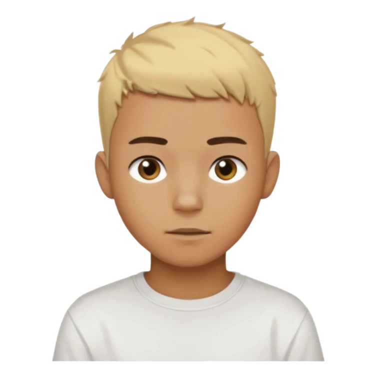 Short buzz, messy blonde hair. Dark brown bushy eyebrows large expressive golden-brown eyes, wearing a plain white t-shirt. Male Teenager. Brown skin color.  sticker