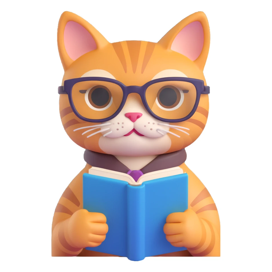 3D ios style cat with glasses and a book sticker
