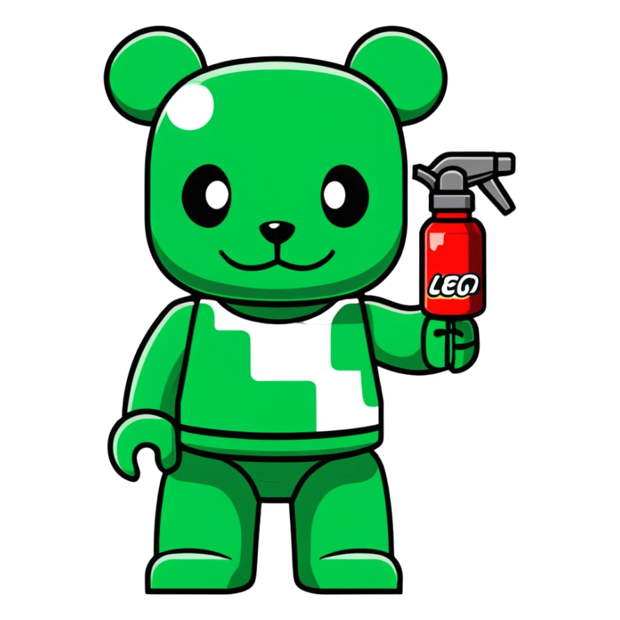 Lego style bearbrick with wild graffiti art patterns, X eyes, holding a spray paint can, vibrant colors sticker