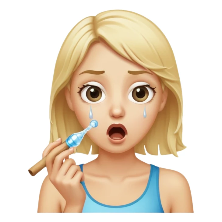 blond woman with wide eyes, holding a skin-colored stick, water squirting from the stick into her mouth, shocked face sticker