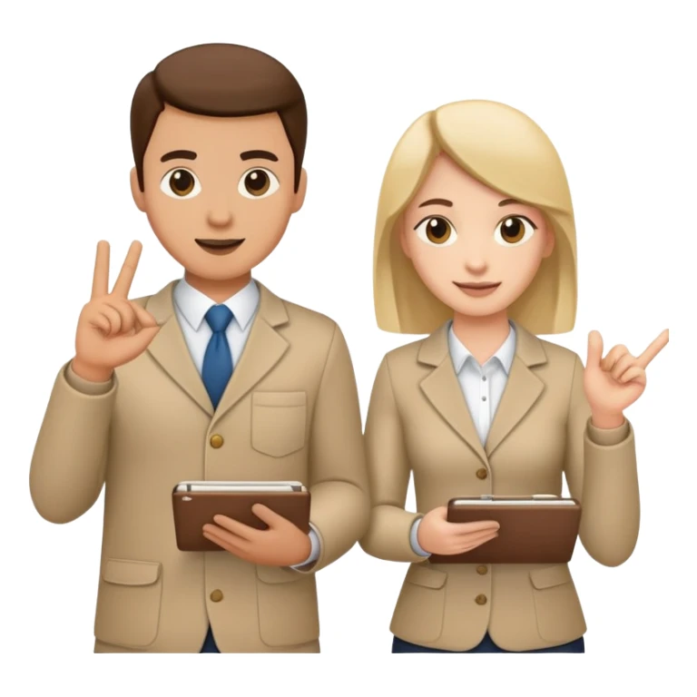 Two team members facing each other, one holding a notepad and the other gesturing, in a collaborative pose sticker