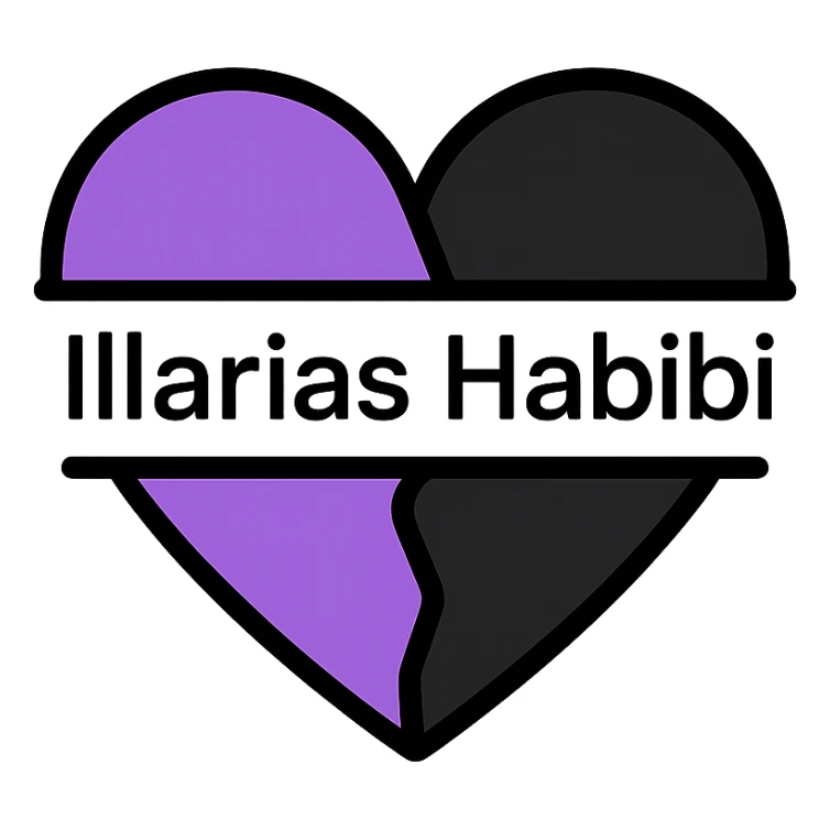 split black and purple heart, with 'Illarias Habibi' written across the middle in a modern font sticker