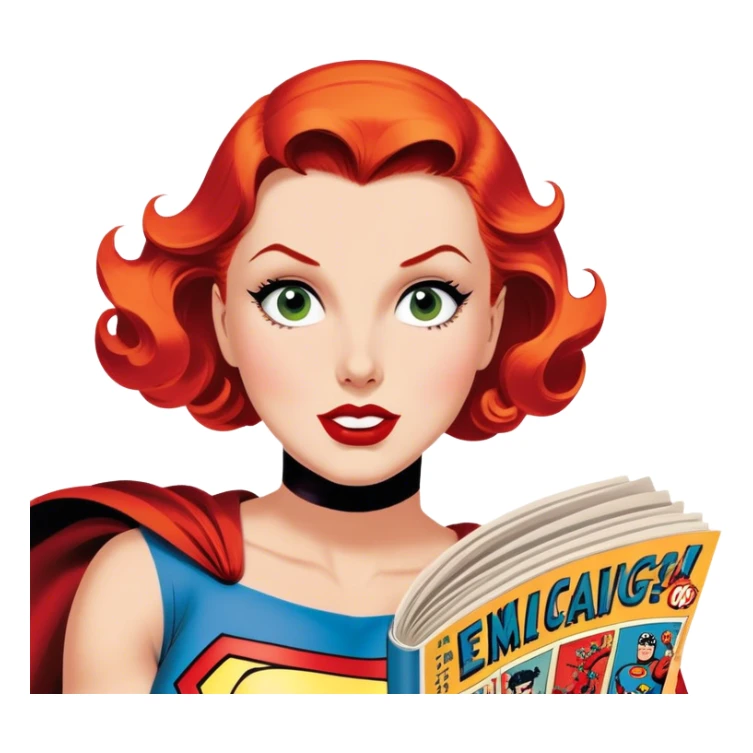 Icon for Vintage American Comics: an open comic magazine with classic 1940s-1950s American comic art, featuring superheroes in bold, bright colors, with action panels and exaggerated speech bubbles. The icon should represent the nostalgic style of vintage comics. Transparent background. sticker