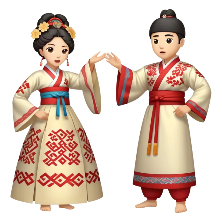 Cinematic Realistic scene of two performers engaging in Ganggangsullae, dressed in traditional Korean costumes with intricate patterns and graceful movements, illuminated by soft, festive lighting that accentuates the cultural ambiance sticker