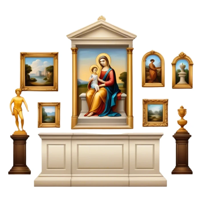 An icon featuring an elegant art gallery with classic paintings hanging on the walls, and sculptures displayed on pedestals. Visitors admire the exhibits, capturing the essence of culture, history, and art. Set against a transparent background. sticker