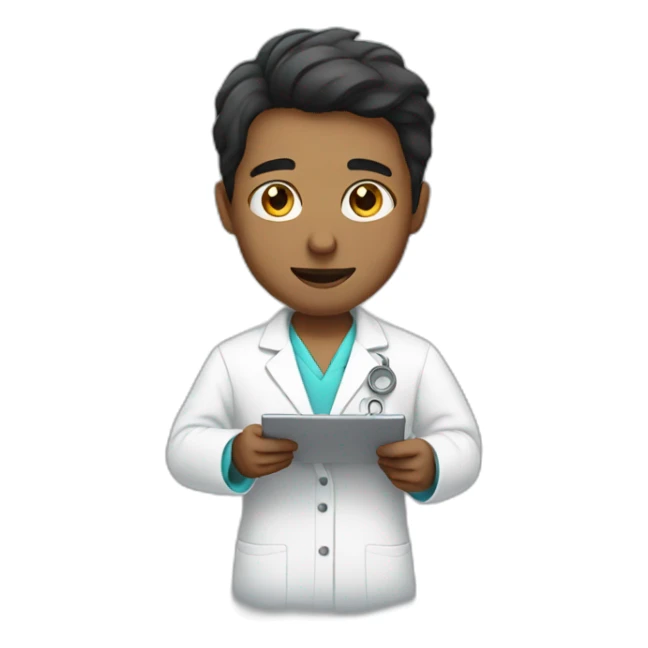  Person analyzing a product with a lab coat without glasses and black hair sticker