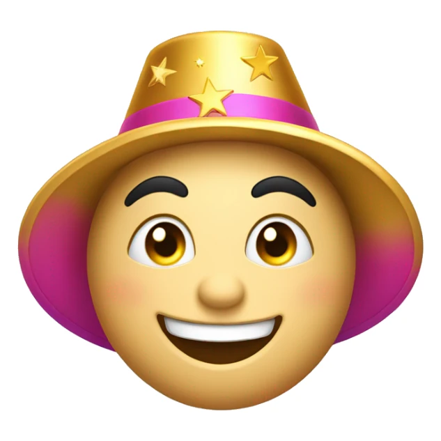 
Joyful emoji: Round face, big smile, sparkling crescent eyes, arched eyebrows. Golden stars near the eyes, colorful party hat tilted, rosy cheeks. with hat sticker