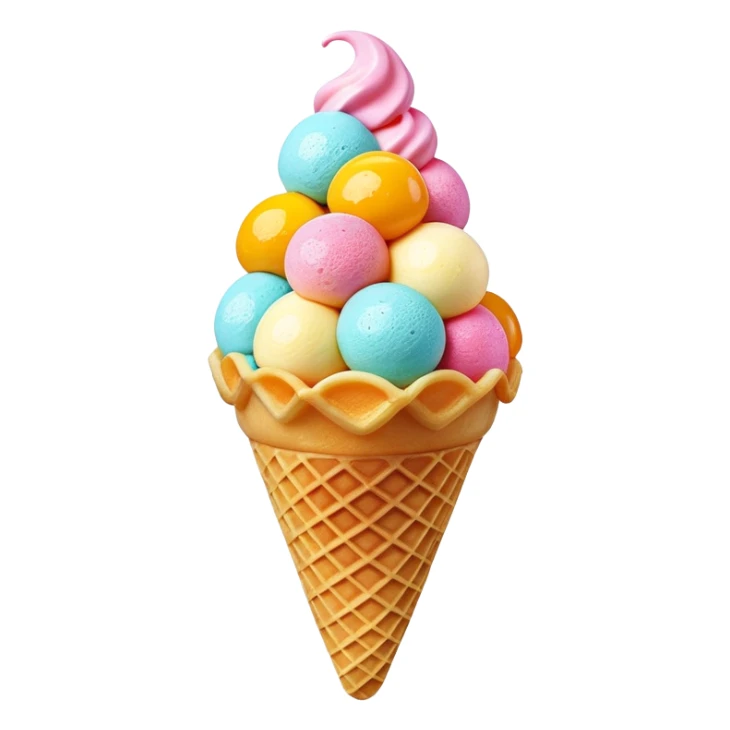 3D rendered Hong Kong egg waffle cone filled with colorful ice cream, hyper-realistic bubbled texture, glossy candy-like finish, vibrant colors, detailed texture, soft studio lighting sticker