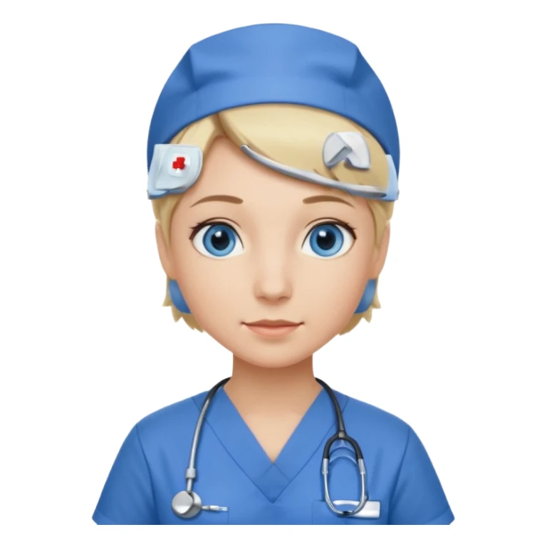 Nurse blue eyes short blond blue scrubs no hat sticker