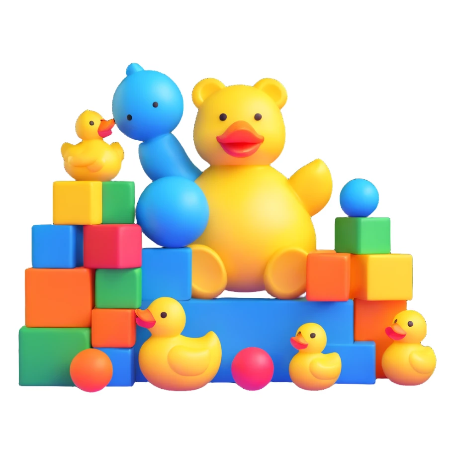 bright playful toys scattered - blue teddy bear, yellow rubber duck, colorful building blocks, rainbow ball, cartoon action figure sticker
