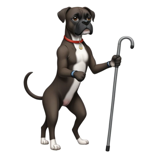 Elderly black boxer dog standing on hind legs using a cane to walk sticker
