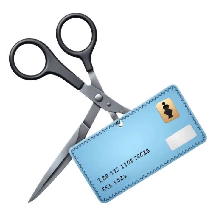 Floating black Scissors cutting a light blue military ID card in 2 parts .hyper realistic sticker