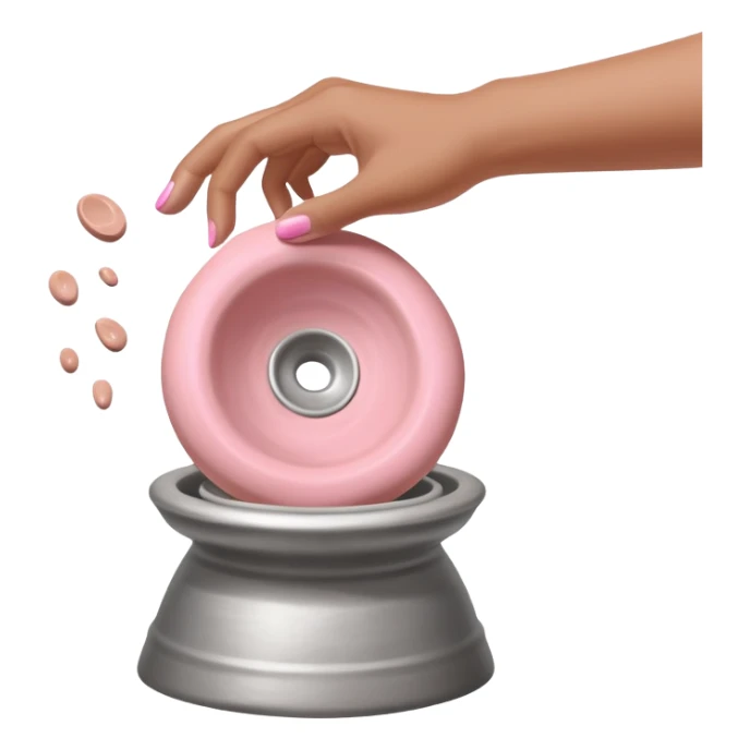 single hand caught mid-action of throwing a pink clay blob that is already placed on a silver pottery wheel sticker