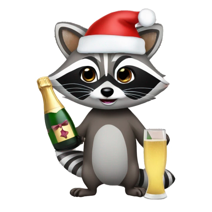 raccoon with christmas hat and bottle of champagne  sticker
