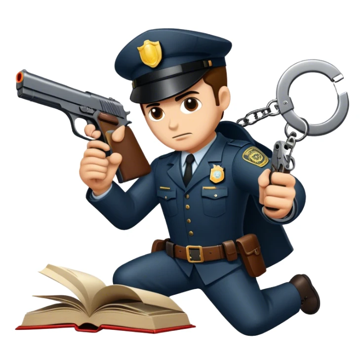 Icon for Action & Crime Reading: an open book with dramatic action scenes, surrounded by a gun, handcuffs, a badge, and a shadowy figure. The icon should evoke suspense, danger, and intrigue of crime and action stories. Transparent background. sticker
