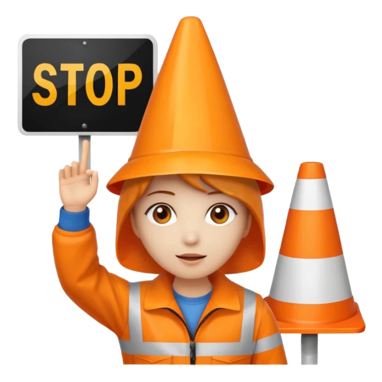 orange traffic cone with three legs dancing with sign in his hand saying “stop ai” sticker