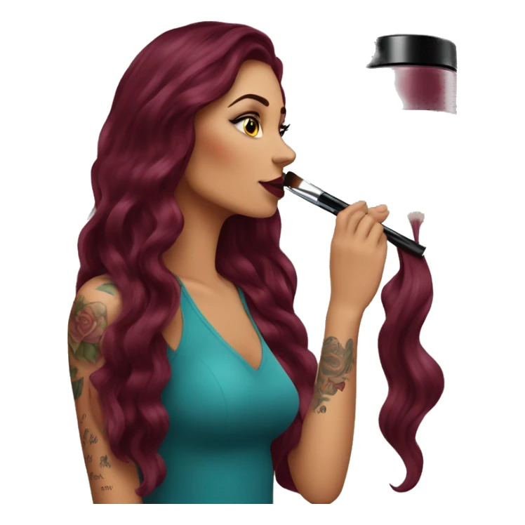 Beautiful tattooed burgundy long haired woman doing her makeup sticker