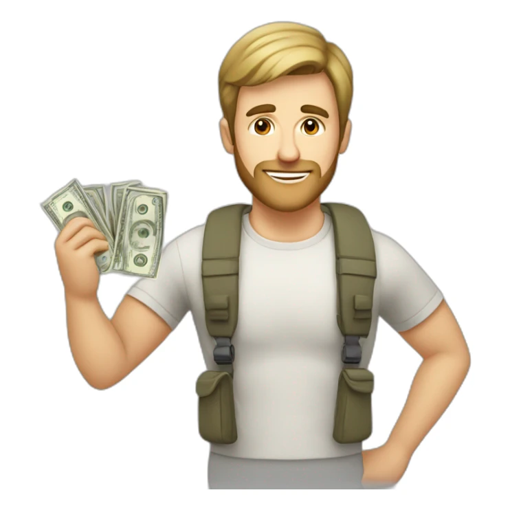 caucasian male with small beard with bag of money sticker