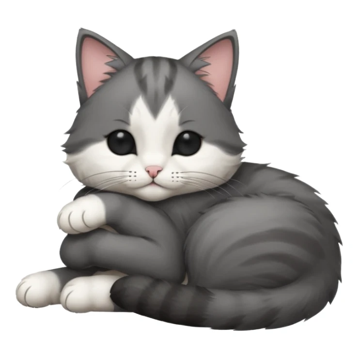 dark grey and white small cat with his eyes closed, leaning his head on his paw while leaning on his elbow lying down sticker