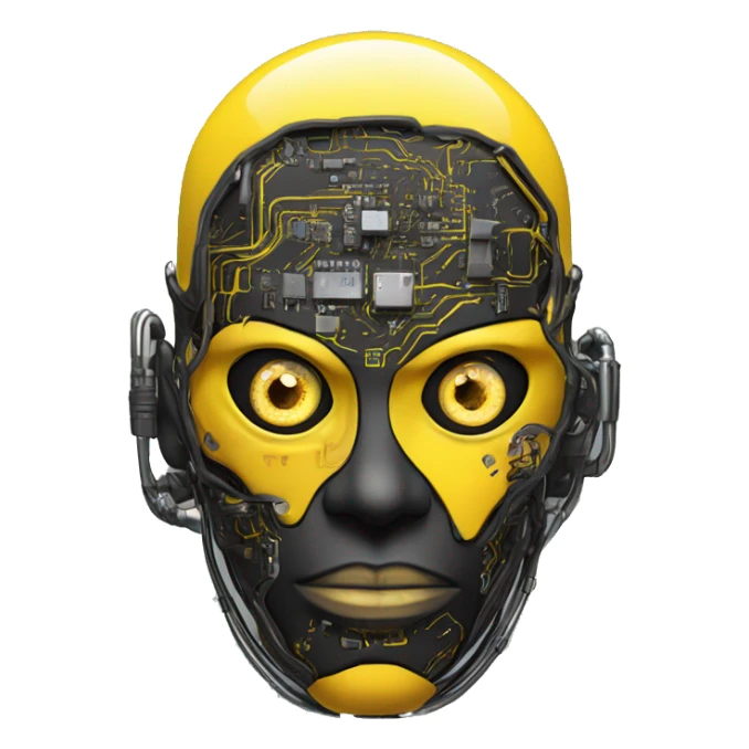 black and yellow cyborg head with circuitry, one artificial eyeball, and yellow goatee sticker