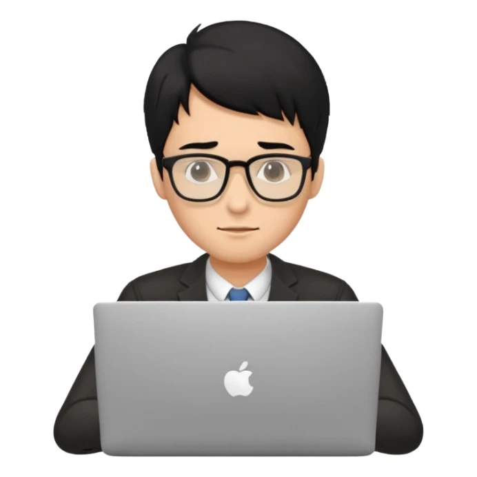 a fair man with black hair working on laptop , front view sticker