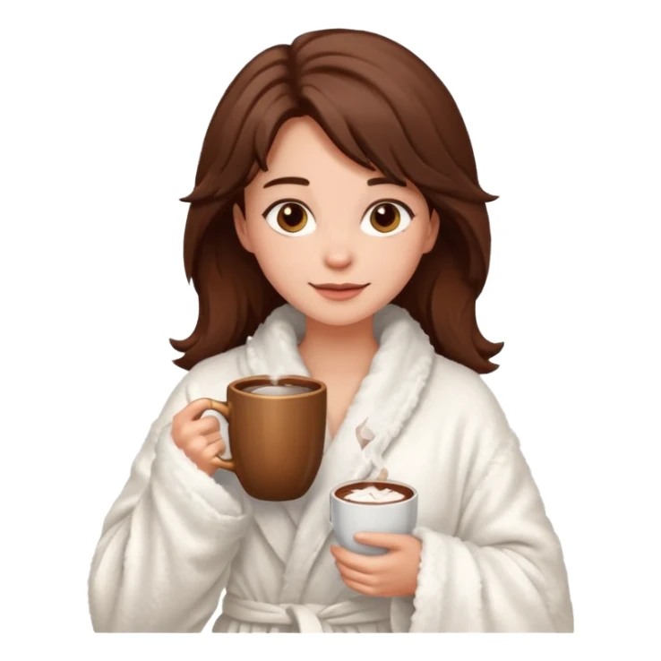 {
      "type": "human",
      "look": "fluffy robe woman, messy hair, holding cup of cocoa",
      "description": "a woman in a fluffy robe with messy hair, holding a cup of cocoa"
    } sticker