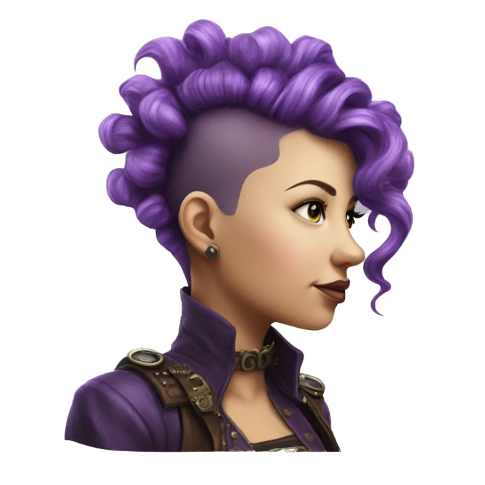 Photorealistic steampunk profile short mohawk purple wavy  on Caucasian girl with small nose round face sticker