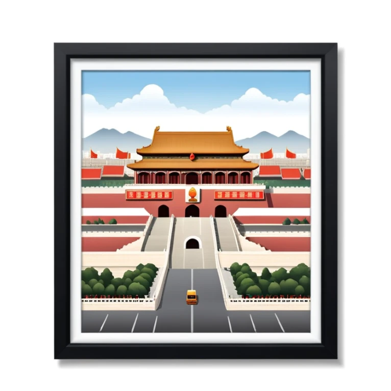 Tiananmen Square, Beijing, Chinese architecture, travel illustration sticker
