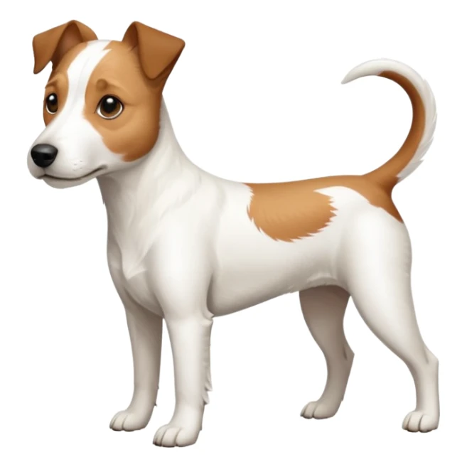 a full body large white parson russell terrier looking dog the size of a kelpie with light brown long ears and a light brown patch on one eye and a large snout sticker