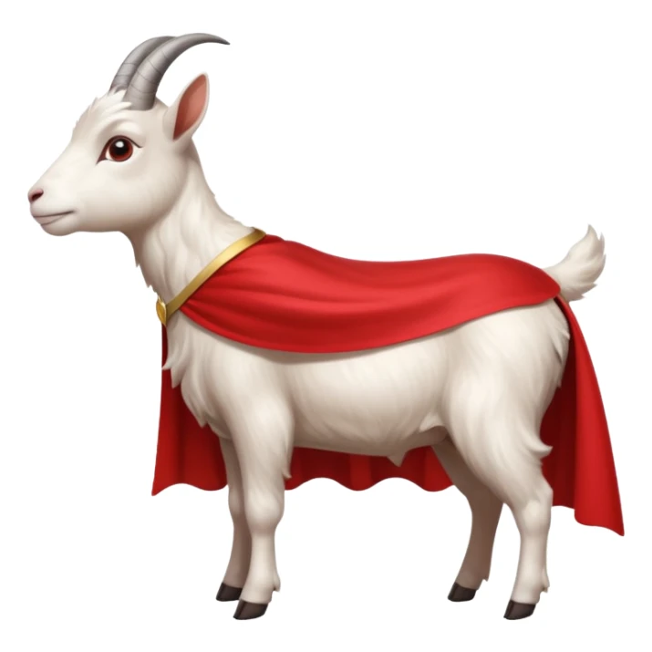 side view of white female goat wearing a read cape like superman sticker