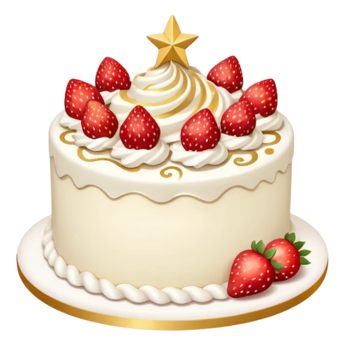 white cake with strawberries, gold star decorations, and whipped cream swirls sticker
