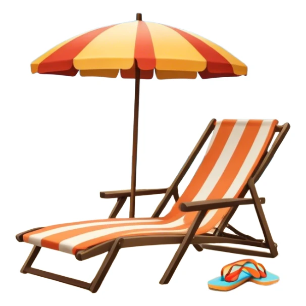 Icon for Beach Tourism: a sandy beach with a ocean skyline in the background, lounge chair, sun umbrella and flip-flops. The icon should capture the relaxation and fun of a beach vacation. Transparent background sticker