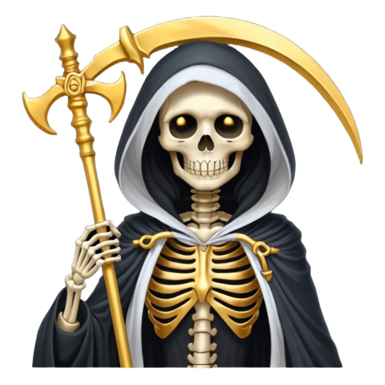 feminine skeleton grim reaper in a gold with scythe sticker