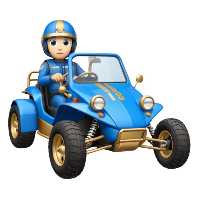 A small blue and gold dune buggy featuring a driver in a motorcycle helmet, with the word "BAJA" displayed on the side panel. sticker