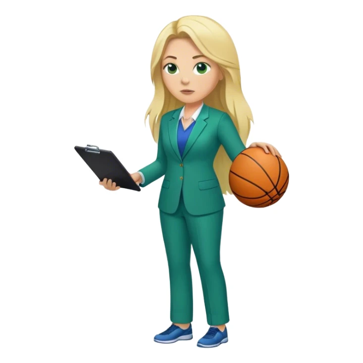 Full Body white plus size female basketball head coach coaching using a clipboard with long blonde hair in a blue and green suit sticker