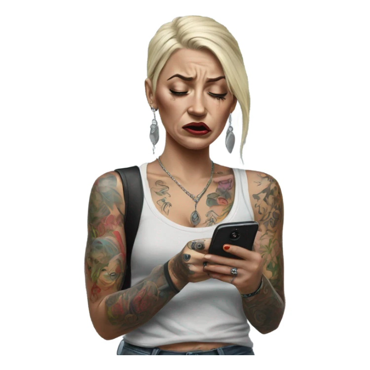 Hyper Realistic Beautiful tattooed woman crying holding a phone  sticker