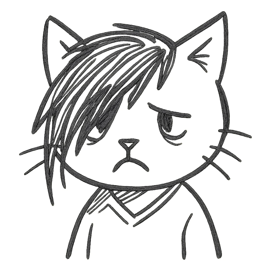 emo kitty with sketchy lines, sad face, hand drawn outline style sticker