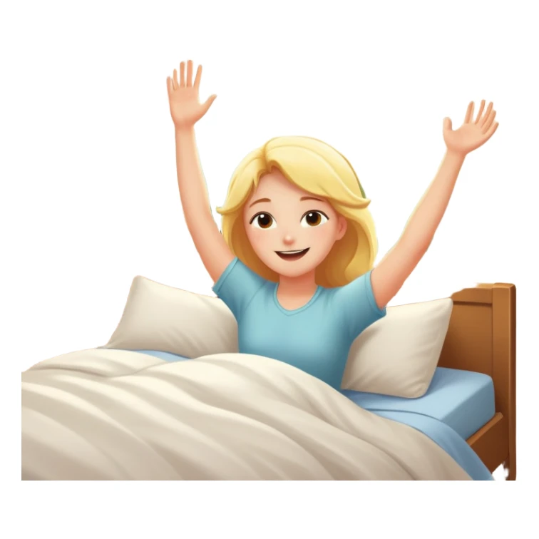 a person waking up early, stretching in bed with sunlight coming through the window, cheerful and fresh sticker
