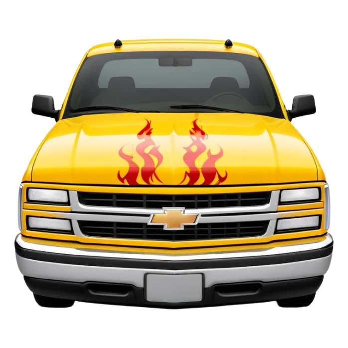 Bright yellow 1997 Chevrolet Silverado with authentic red flame print decal across the front hood, precise Kill Bill movie detail, 30-degree angle, iOS emoji style sticker