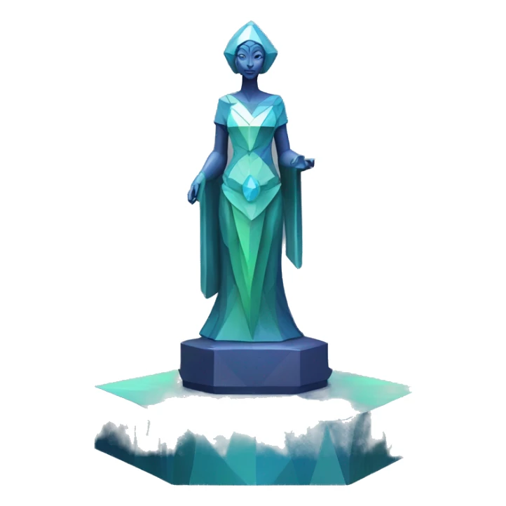 Sculpture oracle priestess with a geometric faceted design with disney features. Oracle of delphi is sparkling and standing upright on a base with angular and flower features. The vibrant blues neutrals and greens highlights the sharp edges and planes.  sticker