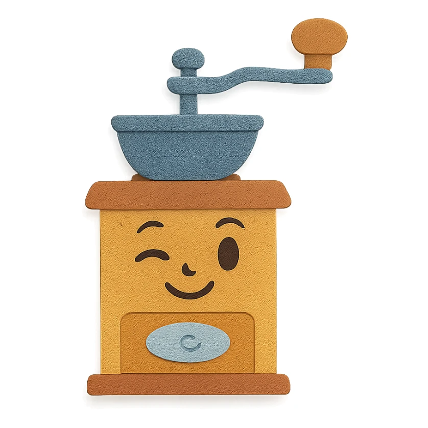 vintage coffee grinder, full body, winking, hand-drawn soft pastel style sticker