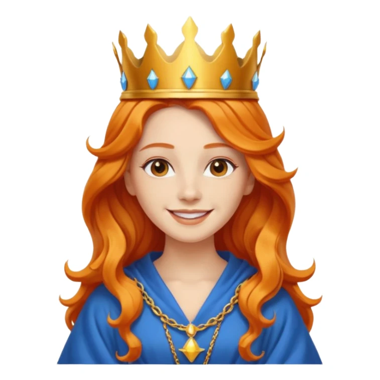 young queen white skin, long wavy orange hair, bright smile, wearing crown and blue robe emoji sticker