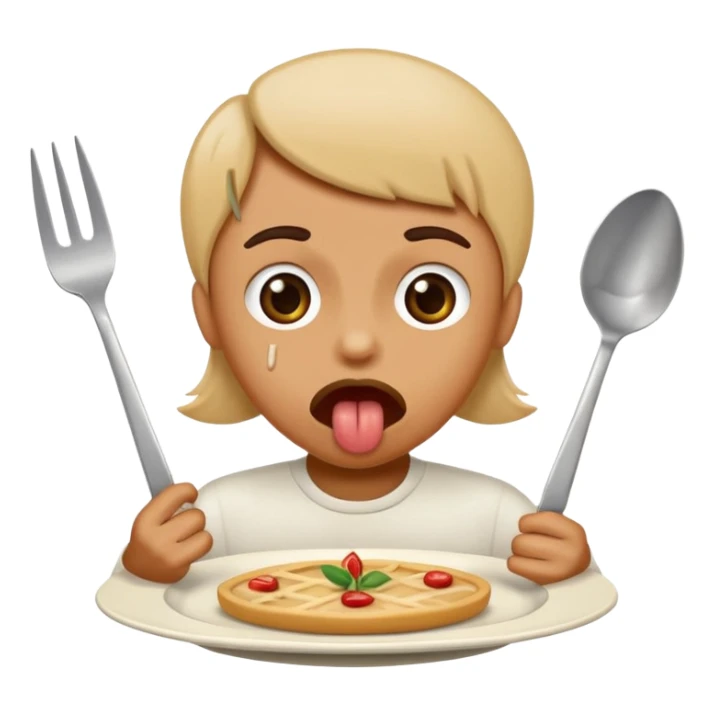Create me an emoji of someone over a plate with a fork and knife in their hand tongue out and it say ate and left no crumbs sticker