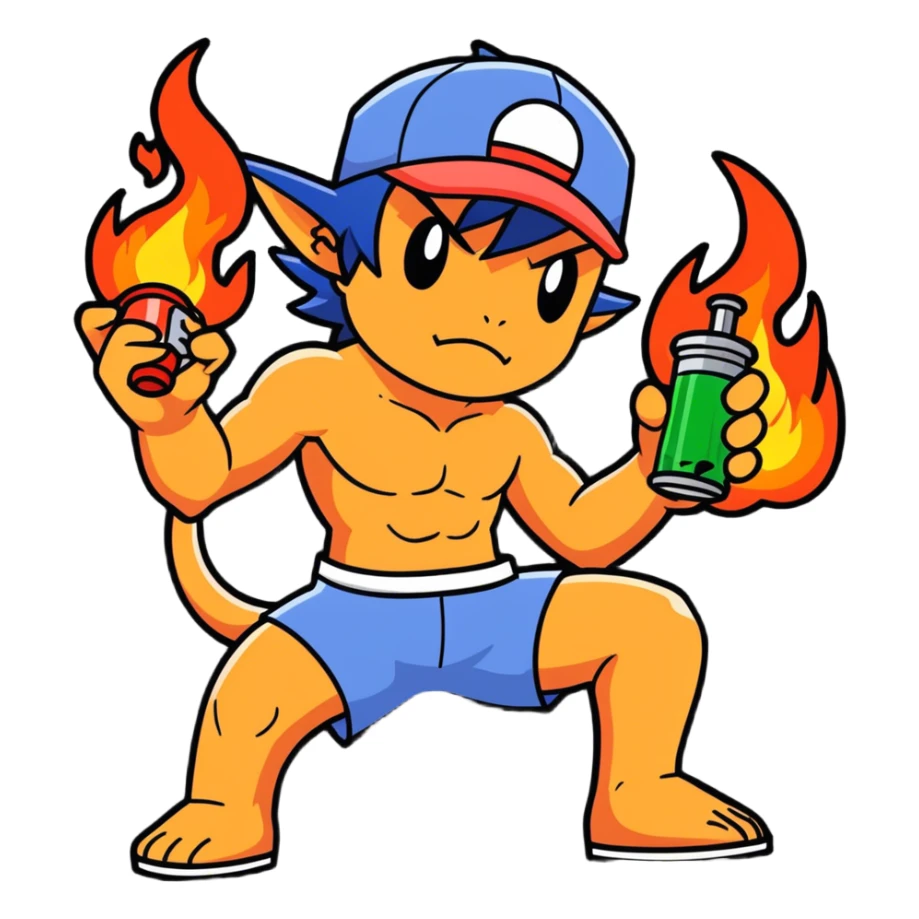 21 yo Handsome tall muscular shirtless Ash Ketchum with a bong with charizard on fire as a dj sticker