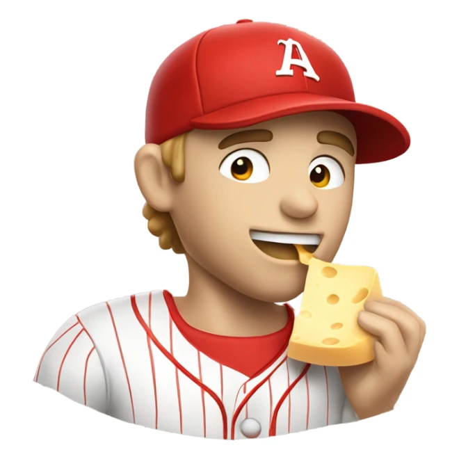 Caucasian Baseball player with red hat and red jersey eating cheese sticker