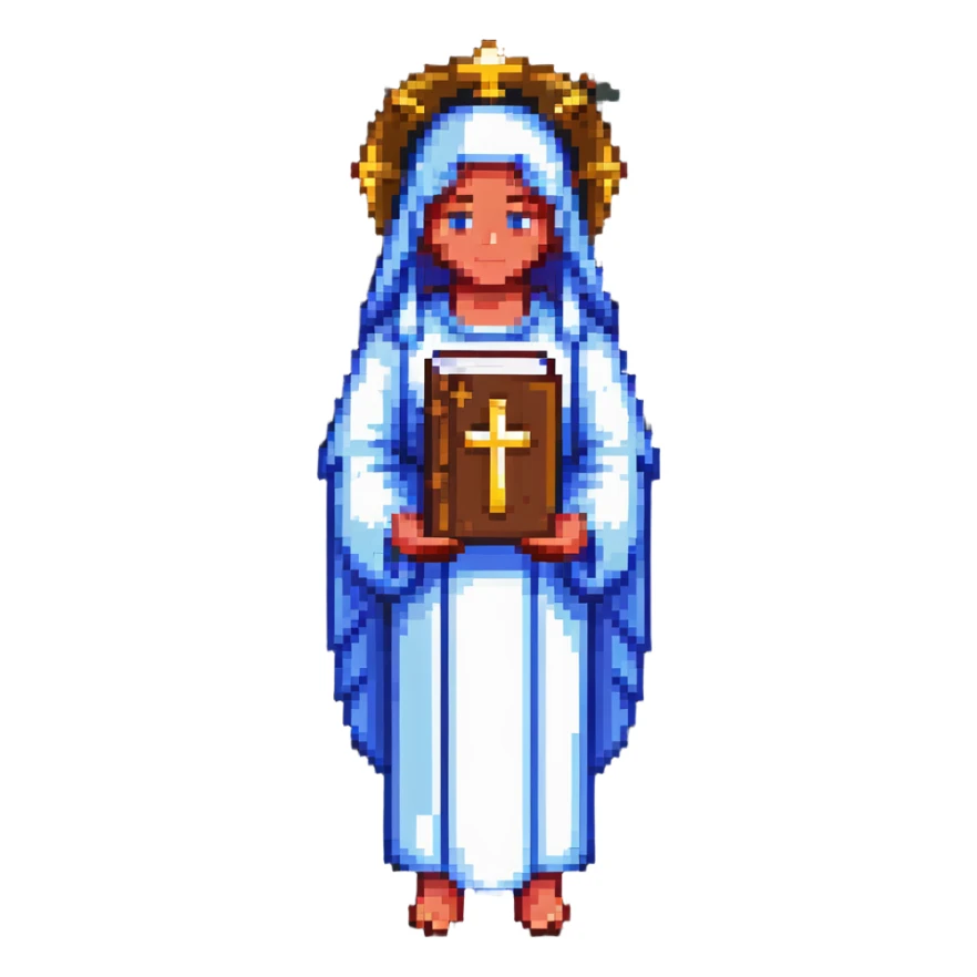 spiritual figure holding a Bible, pixel art style sticker