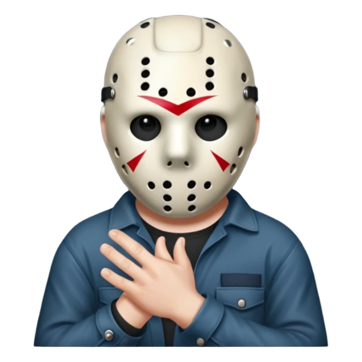 a cartoon image of Jason Voorhees, looking cute, with his hands clasped in front of him, at a sideways angle sticker